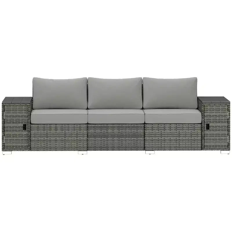 3 Seater Wicker Outdoor Couch Patio Sofa with Storage, Thickened Cushions and Wide Armrests for Porch Yard