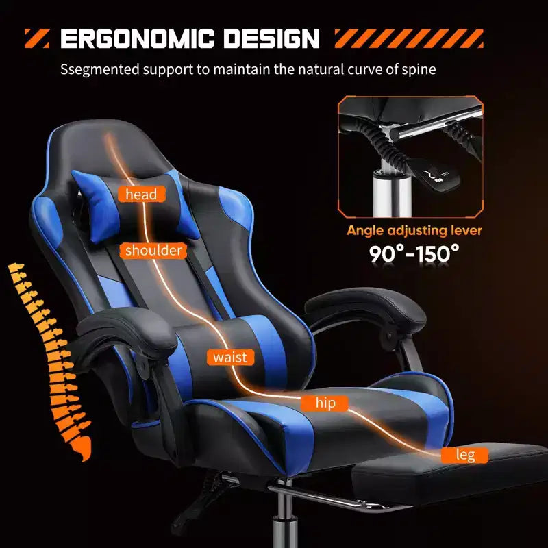 MAYEERTY Sedia da gaming Sedia da scrivania per videogiochi Ergonomica da computer con poggiapiedi Comoda con supporto lombare Reclinabile in pelle PU con poggiatesta Braccioli fissi