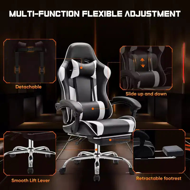 MAYEERTY Sedia da gaming Sedia da scrivania per videogiochi Ergonomica da computer con poggiapiedi Comoda con supporto lombare Reclinabile in pelle PU con poggiatesta Braccioli fissi