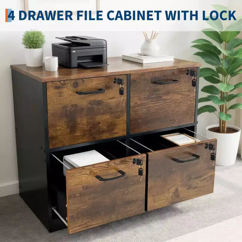 4 Drawer File Cabinet with Lock, Wood Vertical Filing Cabinet with Hanging Bar, Printer Stand for Office Study Room, Fit Letter/A4/Legal Size File
