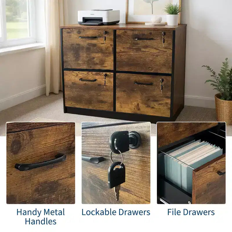 4 Drawer File Cabinet with Lock, Wood Vertical Filing Cabinet with Hanging Bar, Printer Stand for Office Study Room, Fit Letter/A4/Legal Size File