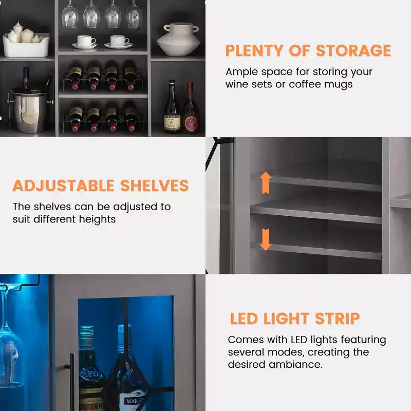 COZONY Mobile Bar da Vino con luci a LED, Mobile Liquori Moderno con Porta Bicchieri e Scaffale Portabottiglie, Credenza Contenitore per Caffè e Buffet per Sala da Pranzo