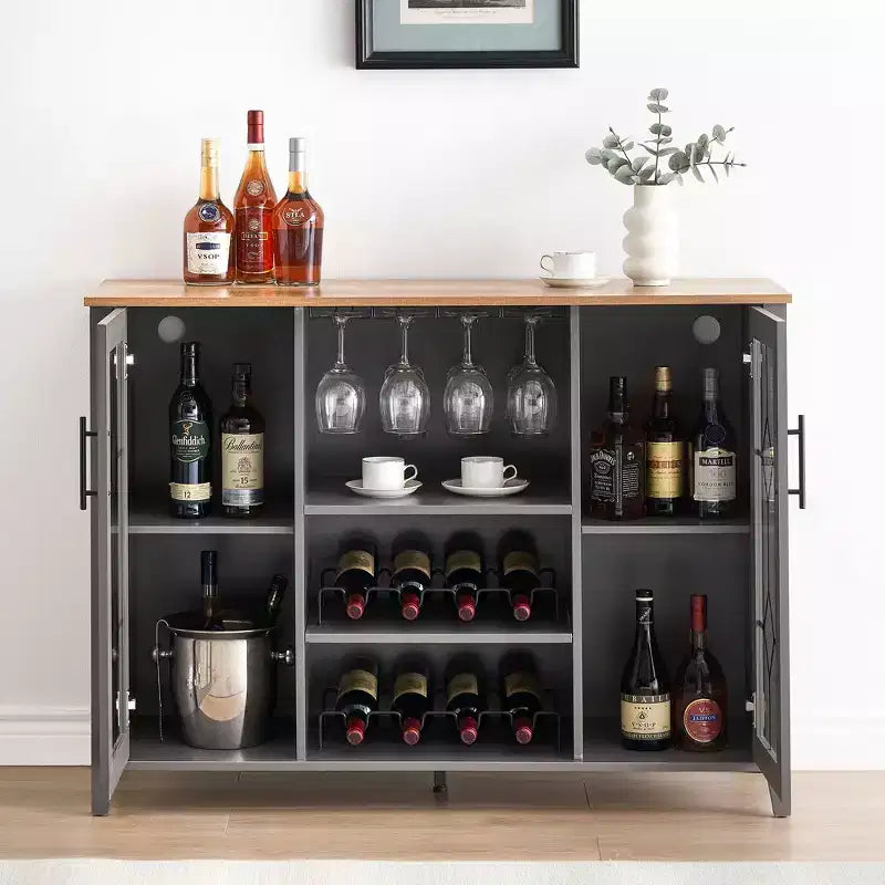 COZONY Mobile Bar da Vino con luci a LED, Mobile Liquori Moderno con Porta Bicchieri e Scaffale Portabottiglie, Credenza Contenitore per Caffè e Buffet per Sala da Pranzo