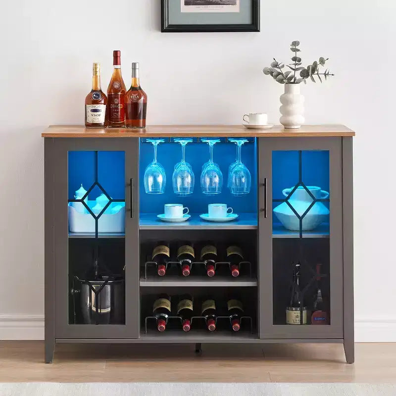 COZONY Mobile Bar da Vino con luci a LED, Mobile Liquori Moderno con Porta Bicchieri e Scaffale Portabottiglie, Credenza Contenitore per Caffè e Buffet per Sala da Pranzo
