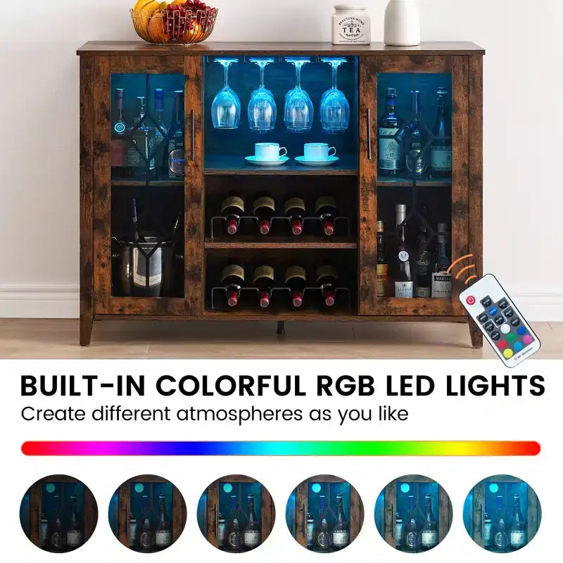 COZONY Mobile Bar da Vino con luci a LED, Mobile Liquori Moderno con Porta Bicchieri e Scaffale Portabottiglie, Credenza Contenitore per Caffè e Buffet per Sala da Pranzo
