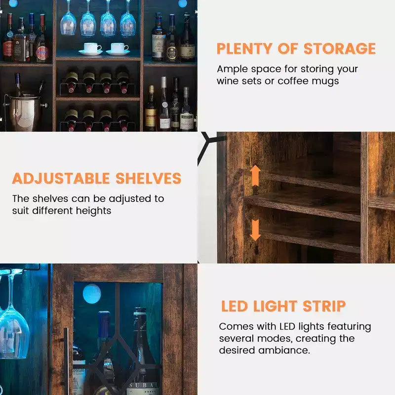 COZONY Mobile Bar da Vino con luci a LED, Mobile Liquori Moderno con Porta Bicchieri e Scaffale Portabottiglie, Credenza Contenitore per Caffè e Buffet per Sala da Pranzo