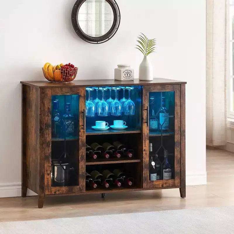COZONY Mobile Bar da Vino con luci a LED, Mobile Liquori Moderno con Porta Bicchieri e Scaffale Portabottiglie, Credenza Contenitore per Caffè e Buffet per Sala da Pranzo