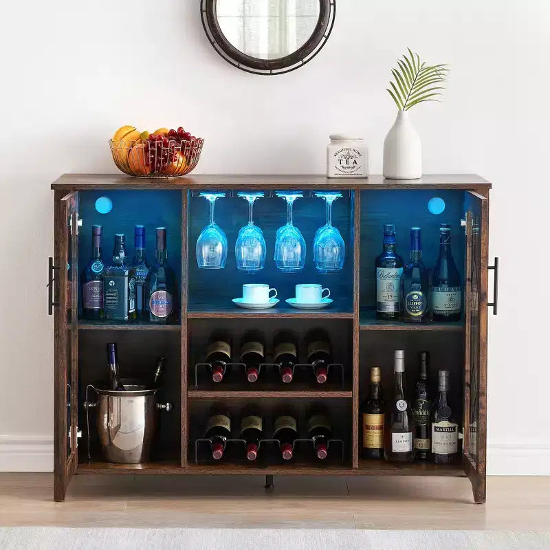 COZONY Mobile Bar da Vino con luci a LED, Mobile Liquori Moderno con Porta Bicchieri e Scaffale Portabottiglie, Credenza Contenitore per Caffè e Buffet per Sala da Pranzo