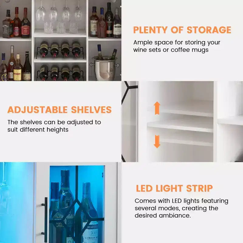 COZONY Mobile Bar da Vino con luci a LED, Mobile Liquori Moderno con Porta Bicchieri e Scaffale Portabottiglie, Credenza Contenitore per Caffè e Buffet per Sala da Pranzo