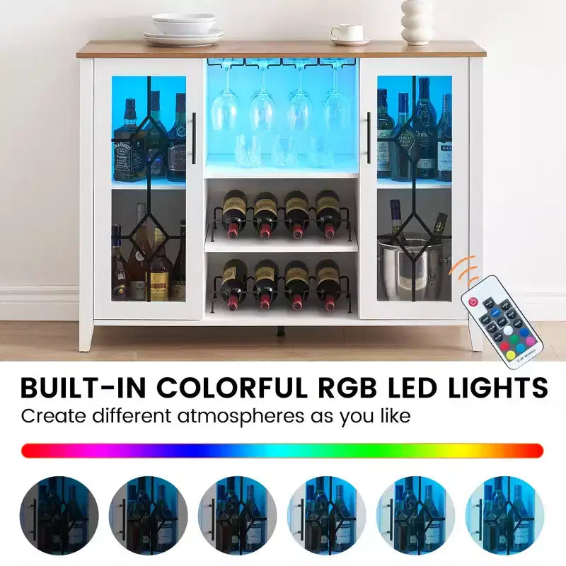 COZONY Mobile Bar da Vino con luci a LED, Mobile Liquori Moderno con Porta Bicchieri e Scaffale Portabottiglie, Credenza Contenitore per Caffè e Buffet per Sala da Pranzo