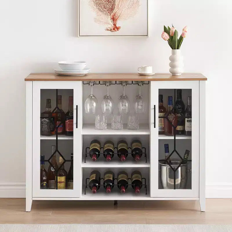 COZONY Mobile Bar da Vino con luci a LED, Mobile Liquori Moderno con Porta Bicchieri e Scaffale Portabottiglie, Credenza Contenitore per Caffè e Buffet per Sala da Pranzo