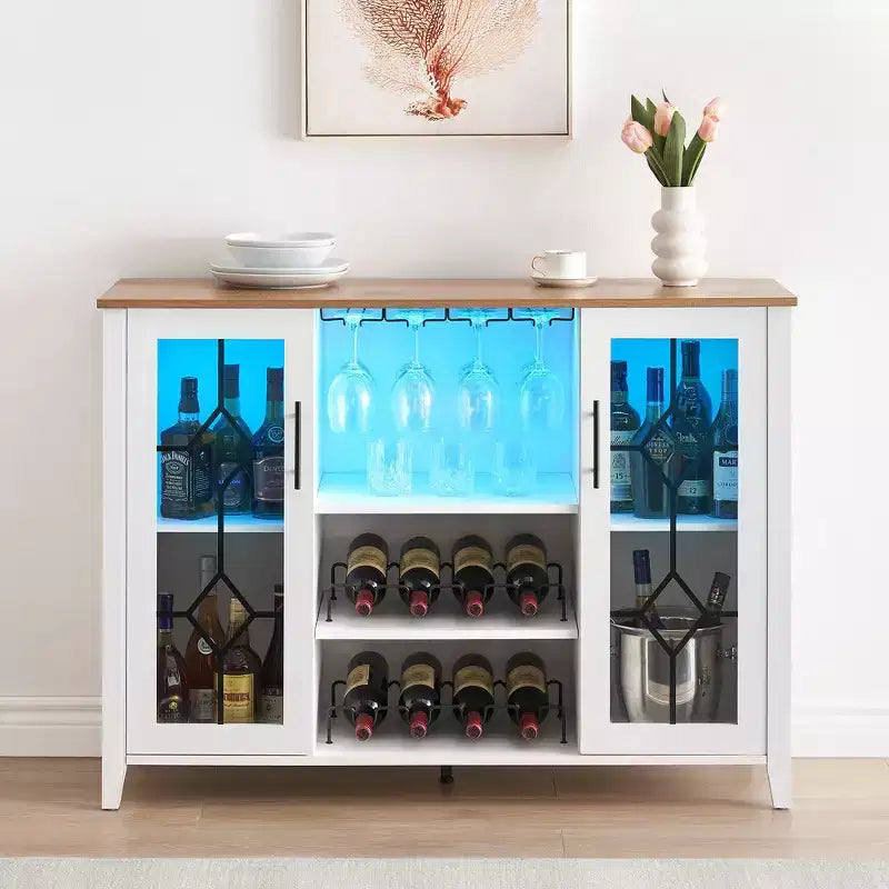 COZONY Mobile Bar da Vino con luci a LED, Mobile Liquori Moderno con Porta Bicchieri e Scaffale Portabottiglie, Credenza Contenitore per Caffè e Buffet per Sala da Pranzo