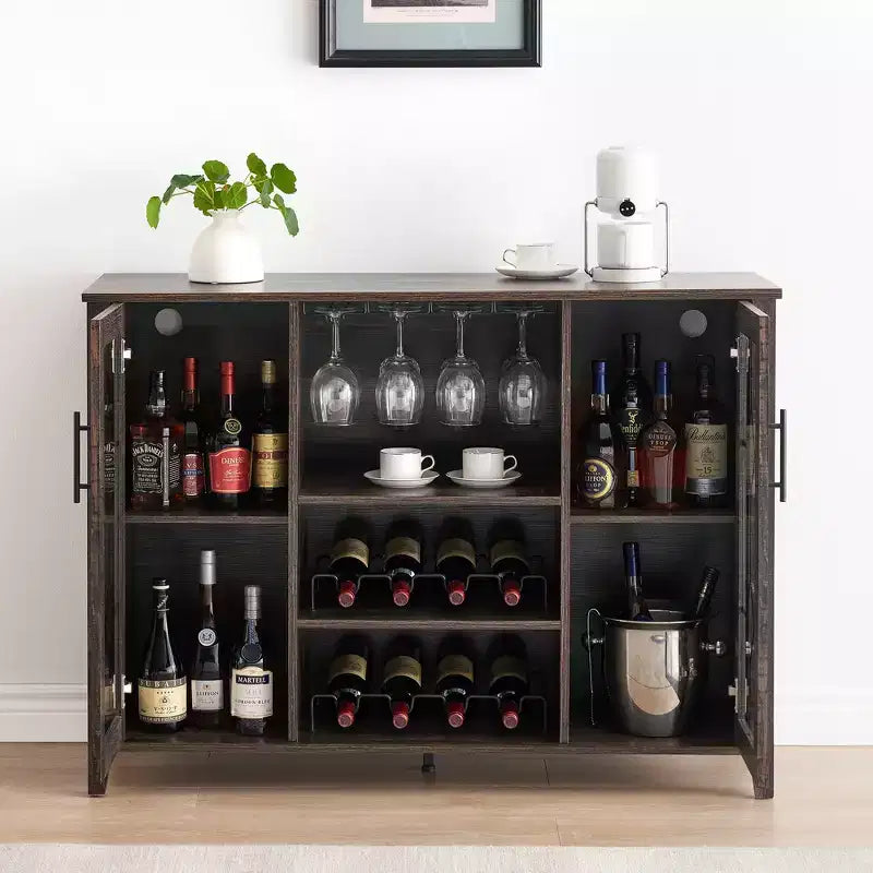 COZONY Mobile Bar da Vino con luci a LED, Mobile Liquori Moderno con Porta Bicchieri e Scaffale Portabottiglie, Credenza Contenitore per Caffè e Buffet per Sala da Pranzo