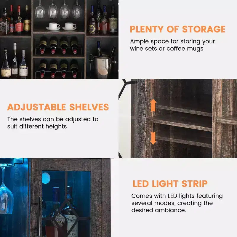 COZONY Mobile Bar da Vino con luci a LED, Mobile Liquori Moderno con Porta Bicchieri e Scaffale Portabottiglie, Credenza Contenitore per Caffè e Buffet per Sala da Pranzo
