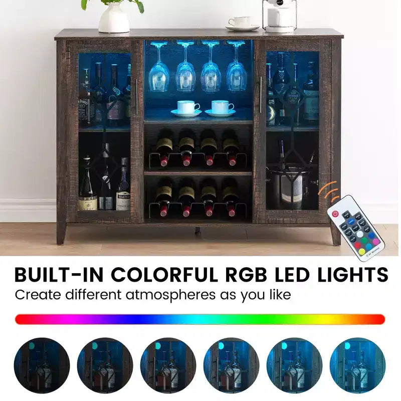 COZONY Mobile Bar da Vino con luci a LED, Mobile Liquori Moderno con Porta Bicchieri e Scaffale Portabottiglie, Credenza Contenitore per Caffè e Buffet per Sala da Pranzo