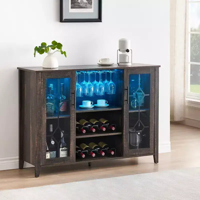 COZONY Mobile Bar da Vino con luci a LED, Mobile Liquori Moderno con Porta Bicchieri e Scaffale Portabottiglie, Credenza Contenitore per Caffè e Buffet per Sala da Pranzo