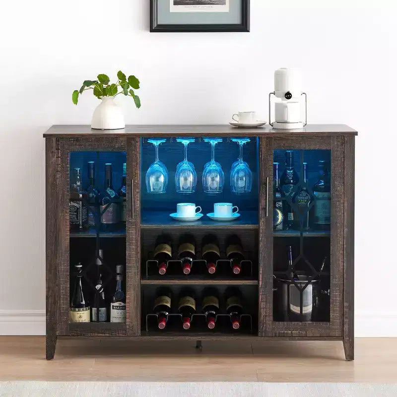 COZONY Mobile Bar da Vino con luci a LED, Mobile Liquori Moderno con Porta Bicchieri e Scaffale Portabottiglie, Credenza Contenitore per Caffè e Buffet per Sala da Pranzo