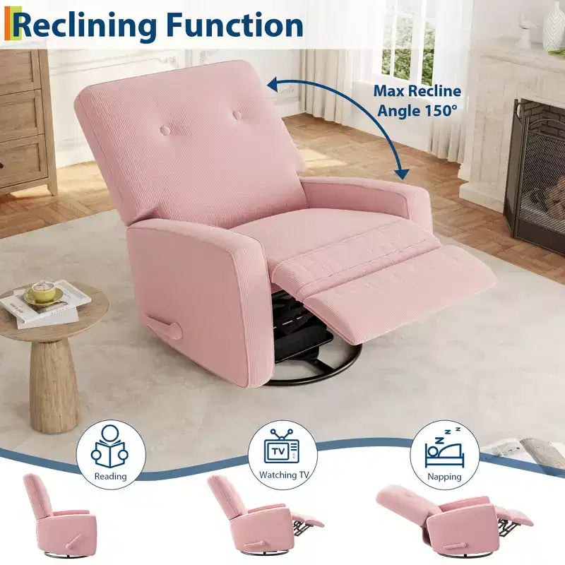 Poltrona reclinabile GustoWave, poltrona girevole a 360° per adulti con schienale e poggiapiedi regolabili, poltrona accogliente rivestita in velluto a coste, rosa