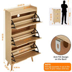 Hidden Shoe Storage with 3 Flip Rattan Flip-Drawer and Anti-Tip Design, Shoe Cabinet for Entryway, Hallway, 15-20 Pairs Storage Organizer