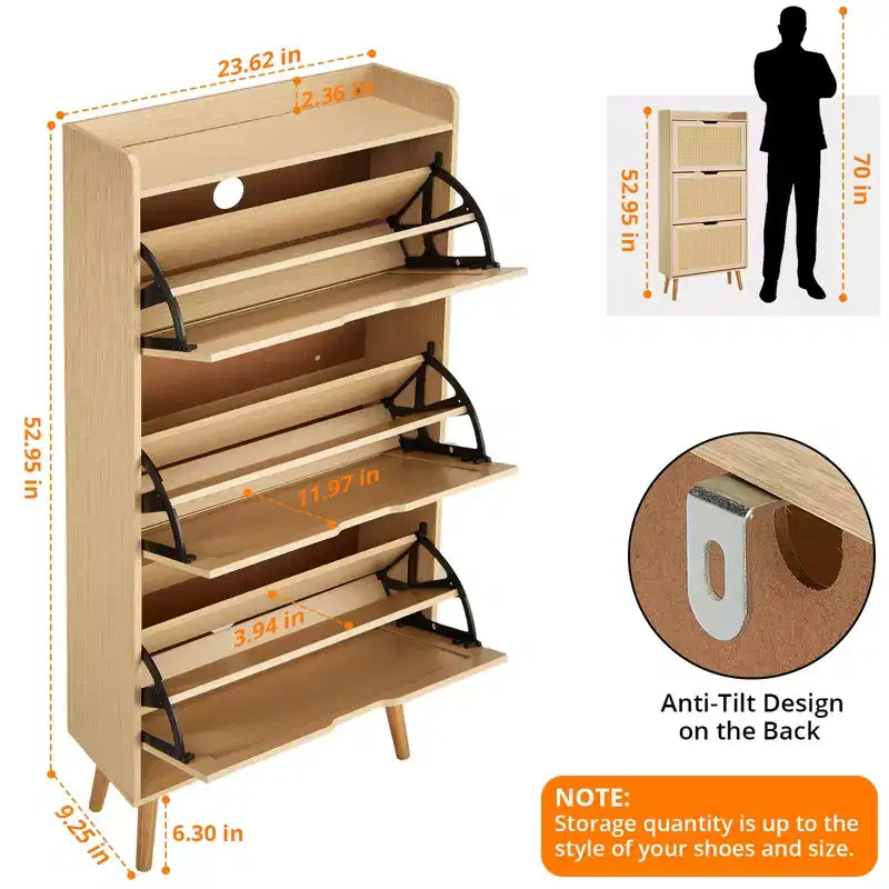 Hidden Shoe Storage with 3 Flip Rattan Flip-Drawer and Anti-Tip Design, Shoe Cabinet for Entryway, Hallway, 15-20 Pairs Storage Organizer
