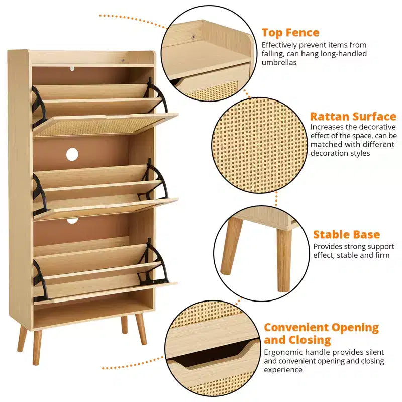 Hidden Shoe Storage with 3 Flip Rattan Flip-Drawer and Anti-Tip Design, Shoe Cabinet for Entryway, Hallway, 15-20 Pairs Storage Organizer