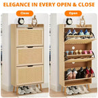 Hidden Shoe Storage with 3 Flip Rattan Flip-Drawer and Anti-Tip Design, Shoe Cabinet for Entryway, Hallway, 15-20 Pairs Storage Organizer