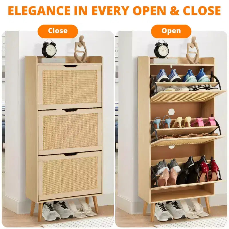 Hidden Shoe Storage with 3 Flip Rattan Flip-Drawer and Anti-Tip Design, Shoe Cabinet for Entryway, Hallway, 15-20 Pairs Storage Organizer