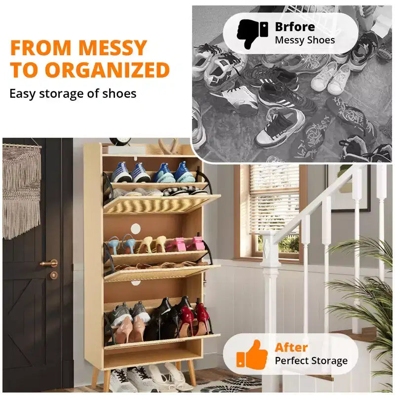 Hidden Shoe Storage with 3 Flip Rattan Flip-Drawer and Anti-Tip Design, Shoe Cabinet for Entryway, Hallway, 15-20 Pairs Storage Organizer