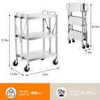 Carrello Utensili Pieghevole a 3 Ripiani con Ruote, Capacità 136 kg, Carrello di Servizio Rotolante per Casa, Garage, Cucina e Officina