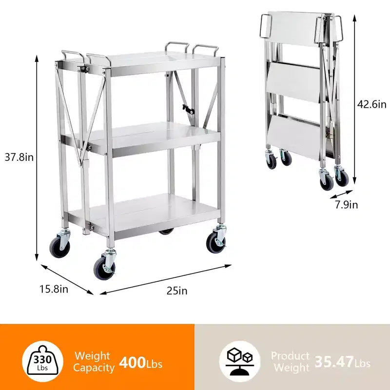 Carrello Utensili Pieghevole a 3 Ripiani con Ruote, Capacità 136 kg, Carrello di Servizio Rotolante per Casa, Garage, Cucina e Officina