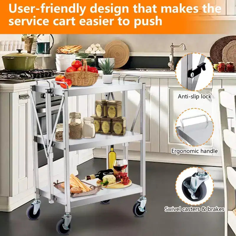 Carrello Utensili Pieghevole a 3 Ripiani con Ruote, Capacità 136 kg, Carrello di Servizio Rotolante per Casa, Garage, Cucina e Officina