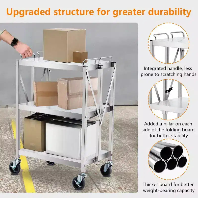 Carrello Utensili Pieghevole a 3 Ripiani con Ruote, Capacità 136 kg, Carrello di Servizio Rotolante per Casa, Garage, Cucina e Officina