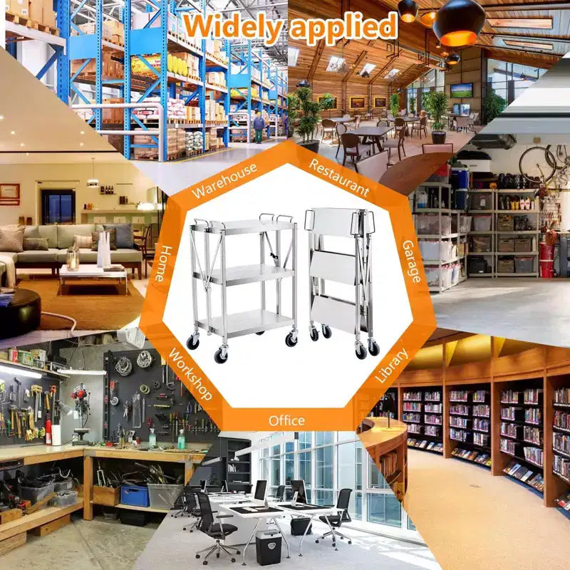 Carrello Utensili Pieghevole a 3 Ripiani con Ruote, Capacità 136 kg, Carrello di Servizio Rotolante per Casa, Garage, Cucina e Officina