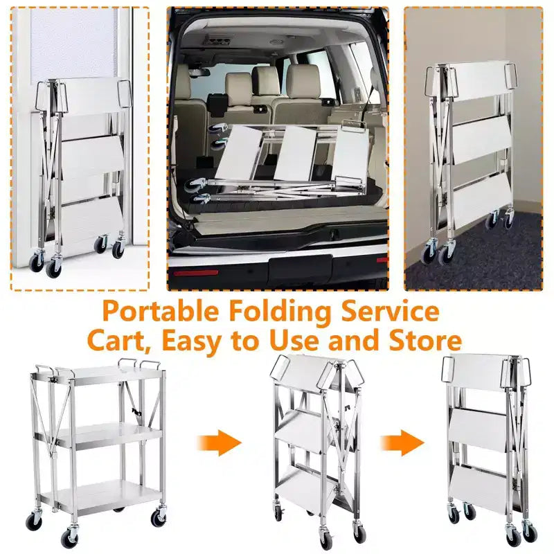 Carrello Utensili Pieghevole a 3 Ripiani con Ruote, Capacità 136 kg, Carrello di Servizio Rotolante per Casa, Garage, Cucina e Officina
