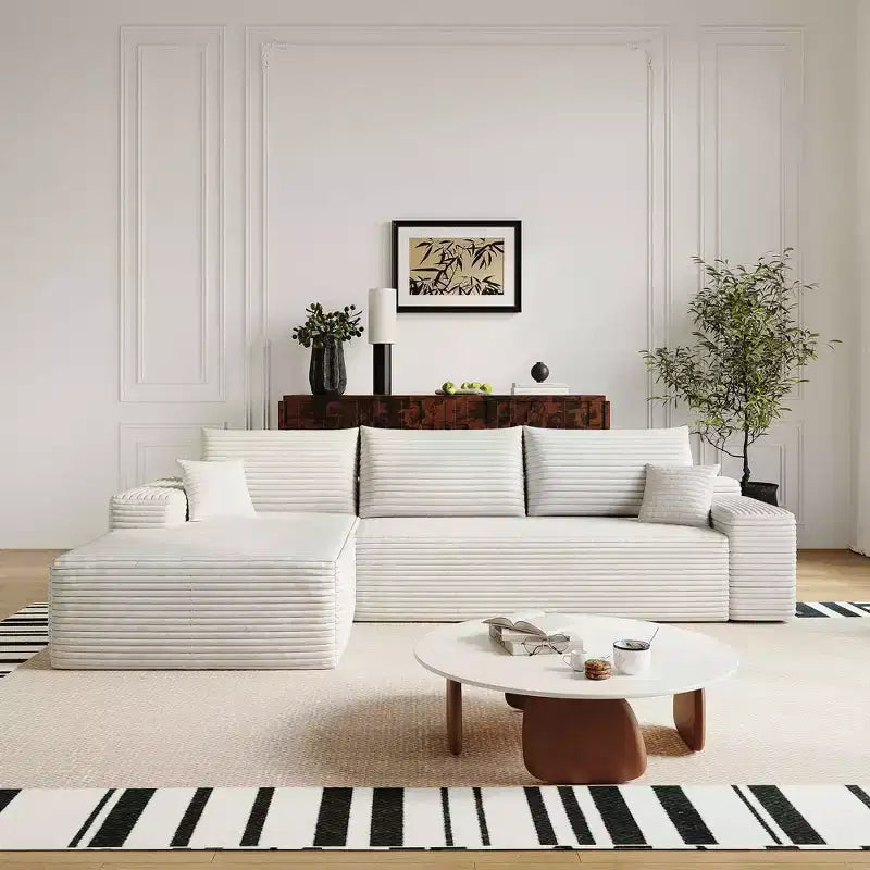 MAYEERTY 107 White L-Shape Cloud Sectional, Plush Corduroy Modular Sofa, No Assembly