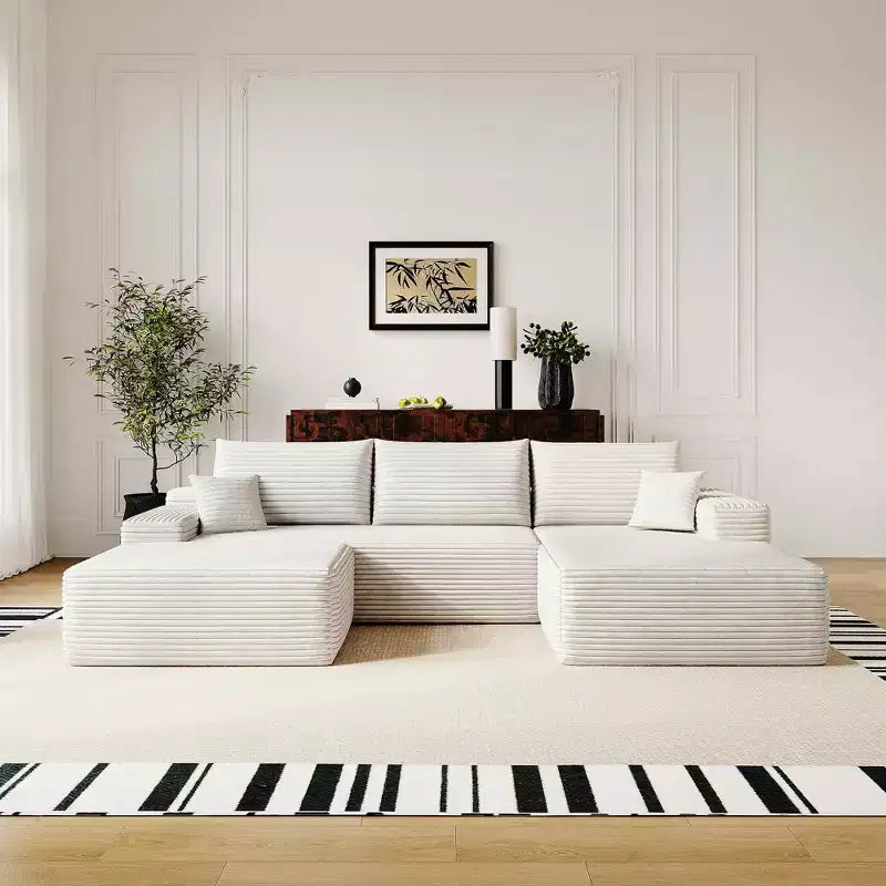 MAYEERTY 107 White L-Shape Cloud Sectional, Plush Corduroy Modular Sofa, No Assembly