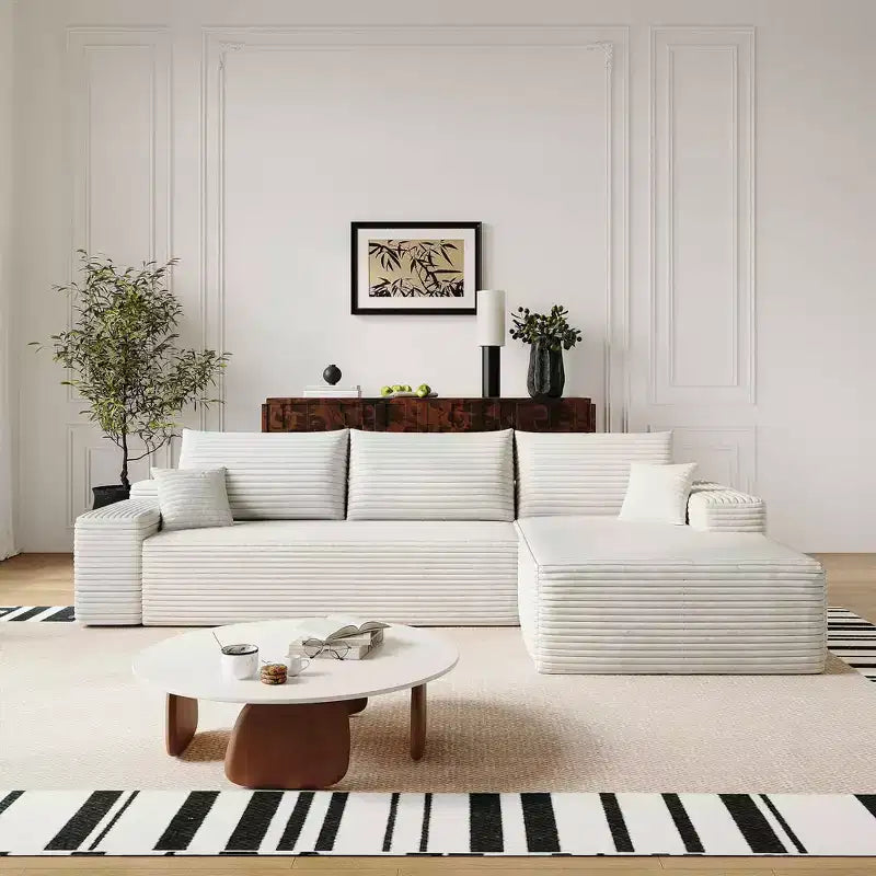 MAYEERTY 107 White L-Shape Cloud Sectional, Plush Corduroy Modular Sofa, No Assembly