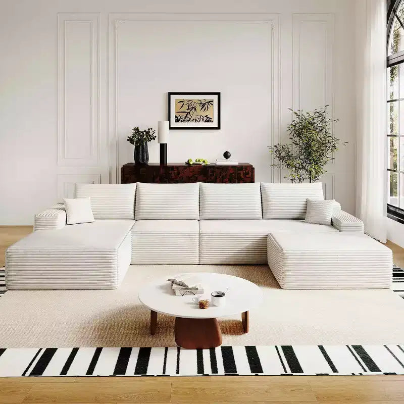 MAYEERTY 107 White L-Shape Cloud Sectional, Plush Corduroy Modular Sofa, No Assembly