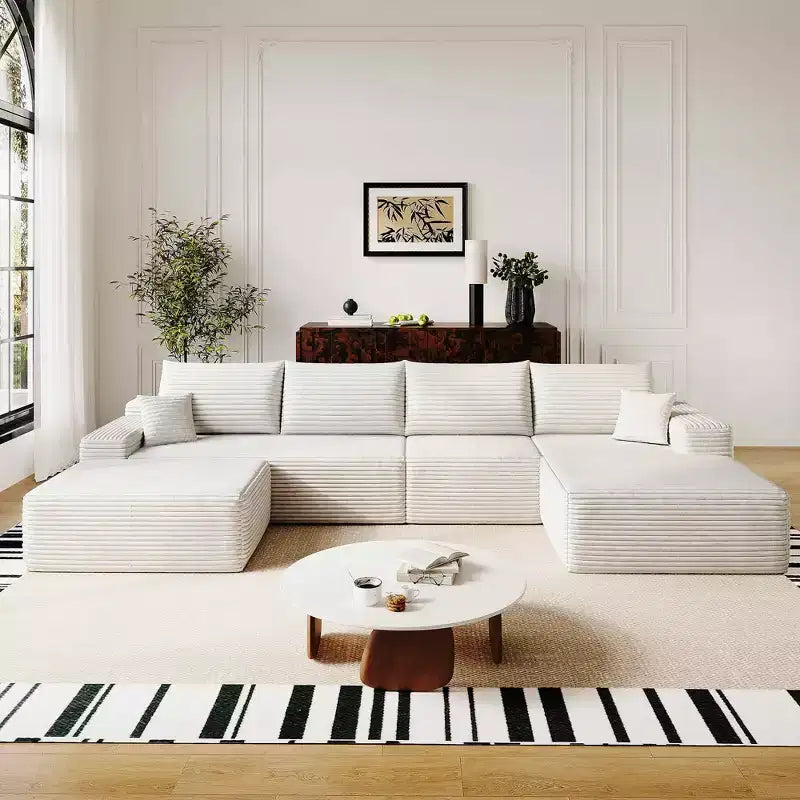MAYEERTY 107 White L-Shape Cloud Sectional, Plush Corduroy Modular Sofa, No Assembly