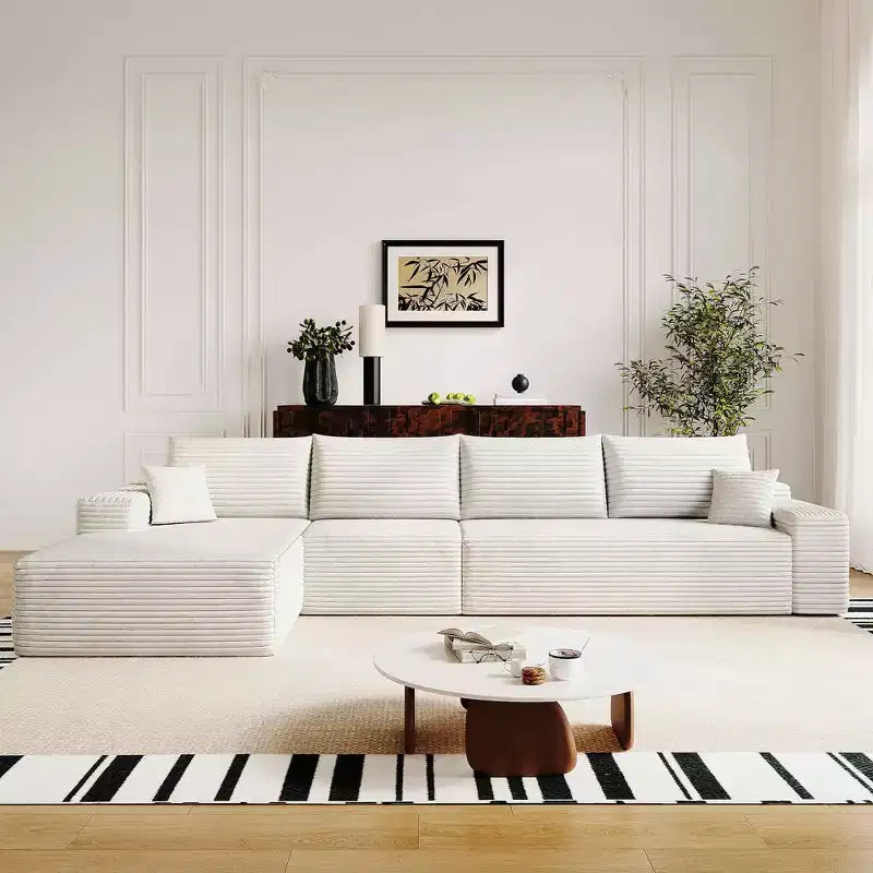 MAYEERTY 107 White L-Shape Cloud Sectional, Plush Corduroy Modular Sofa, No Assembly