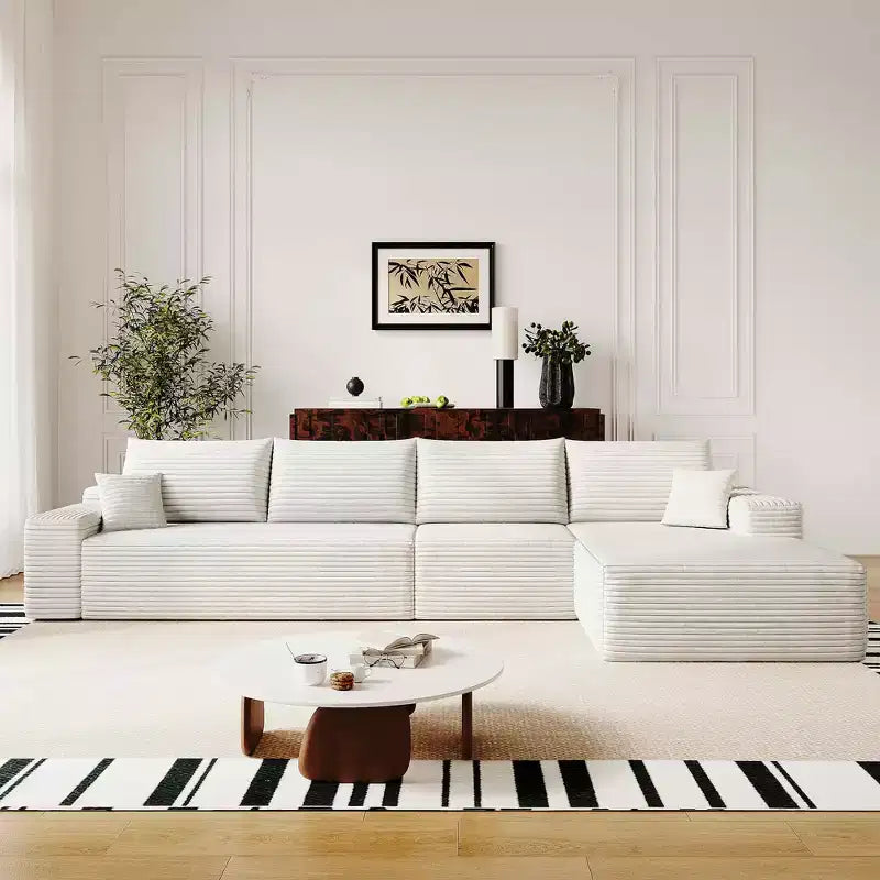 MAYEERTY 107 White L-Shape Cloud Sectional, Plush Corduroy Modular Sofa, No Assembly