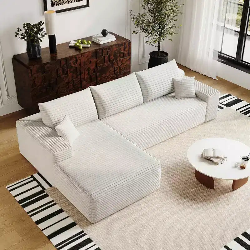MAYEERTY 107 White L-Shape Cloud Sectional, Plush Corduroy Modular Sofa, No Assembly