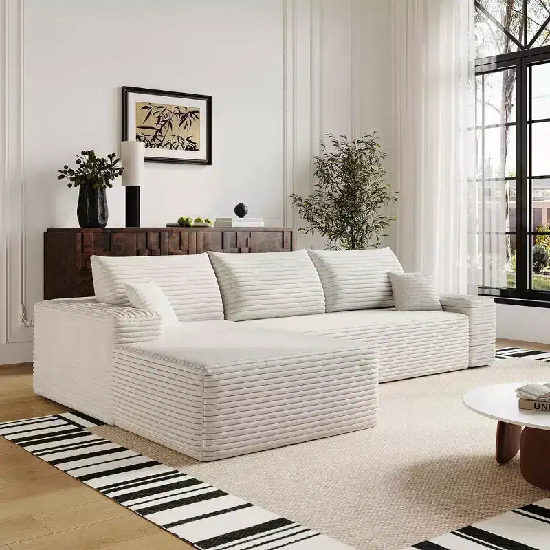 MAYEERTY 107 White L-Shape Cloud Sectional, Plush Corduroy Modular Sofa, No Assembly