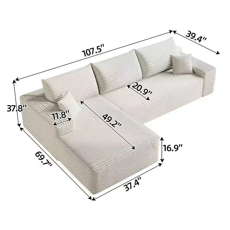 MAYEERTY 107 White L-Shape Cloud Sectional, Plush Corduroy Modular Sofa, No Assembly