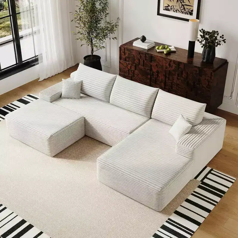 MAYEERTY 107 White L-Shape Cloud Sectional, Plush Corduroy Modular Sofa, No Assembly