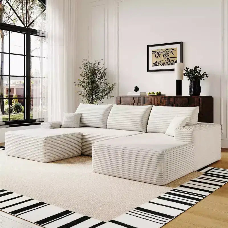 MAYEERTY 107 White L-Shape Cloud Sectional, Plush Corduroy Modular Sofa, No Assembly