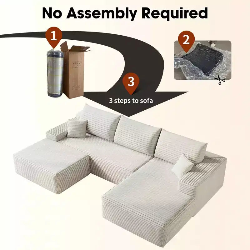 MAYEERTY 107 White L-Shape Cloud Sectional, Plush Corduroy Modular Sofa, No Assembly