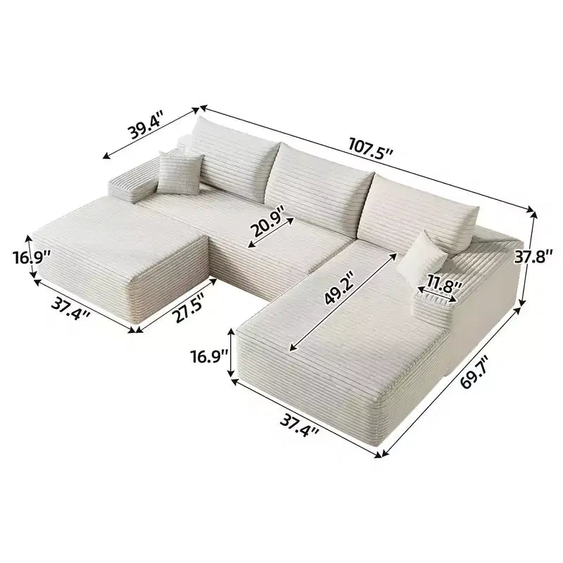 MAYEERTY 107 White L-Shape Cloud Sectional, Plush Corduroy Modular Sofa, No Assembly