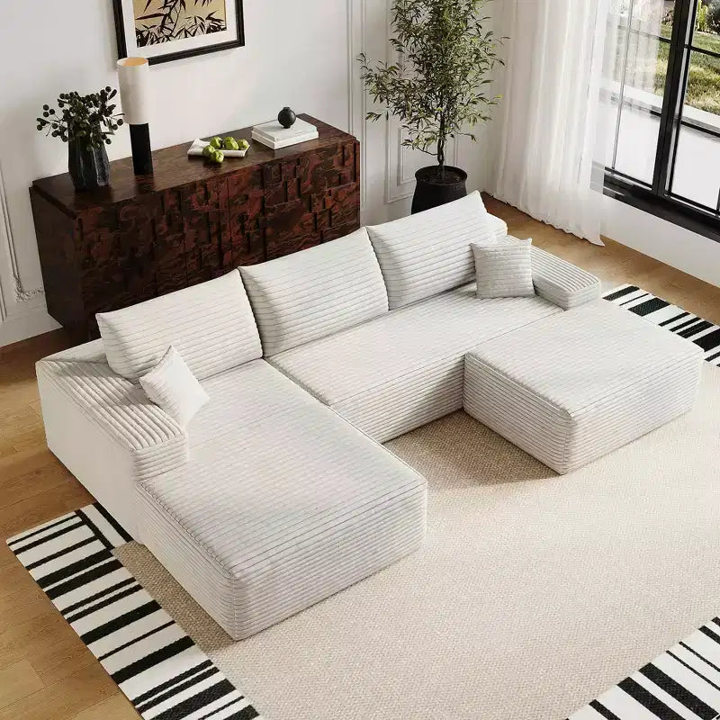 MAYEERTY 107 White L-Shape Cloud Sectional, Plush Corduroy Modular Sofa, No Assembly