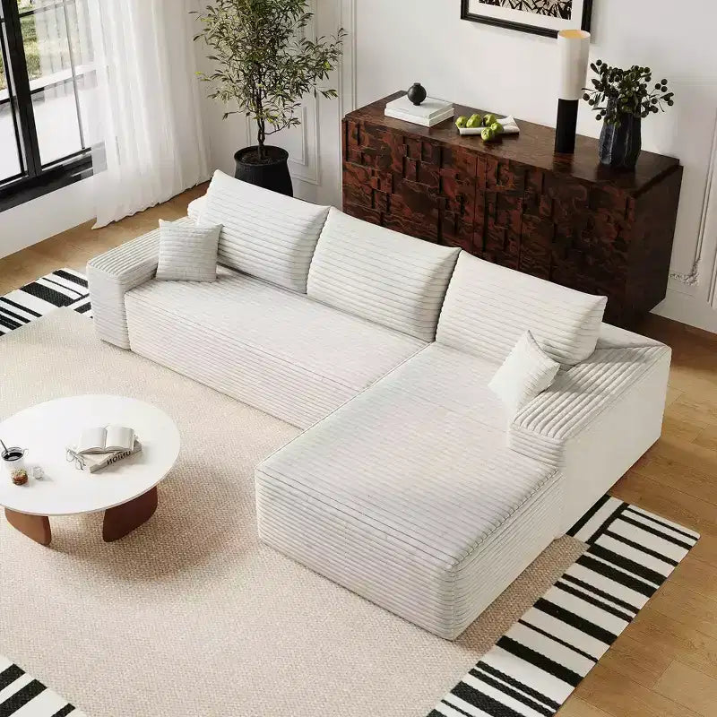 MAYEERTY 107 White L-Shape Cloud Sectional, Plush Corduroy Modular Sofa, No Assembly